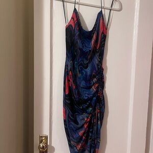 Slip Midi Dress with Blue & Red Swirl Print